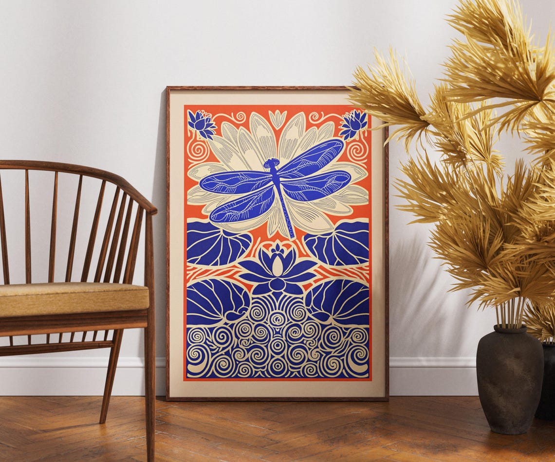 Vintage Dragonfly Poster Linocut Art Zen Nature Wall Decor Retro Botanical Illustration Boho Print