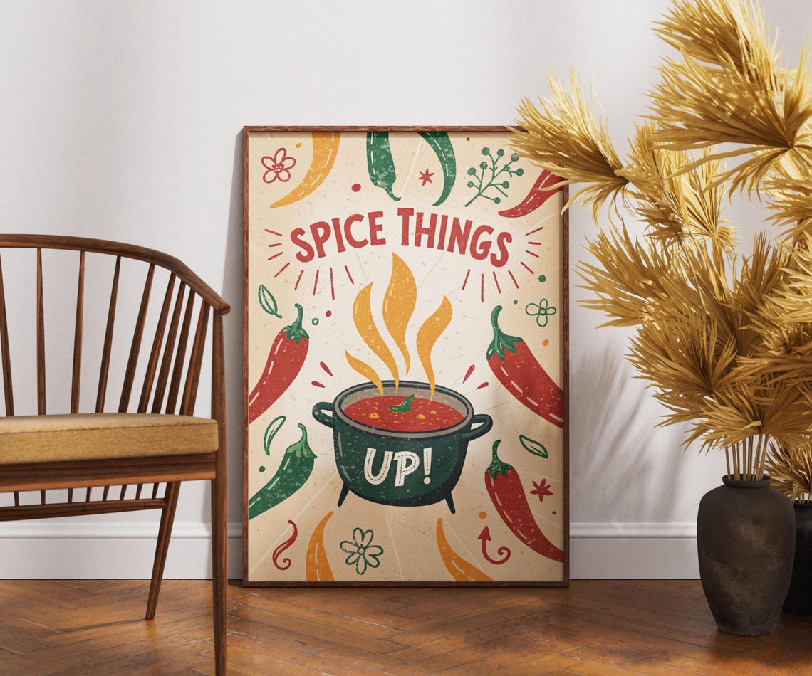 Spice Things Up Chili Pepper Steaming Pot Funny Retro Kitchen Poster