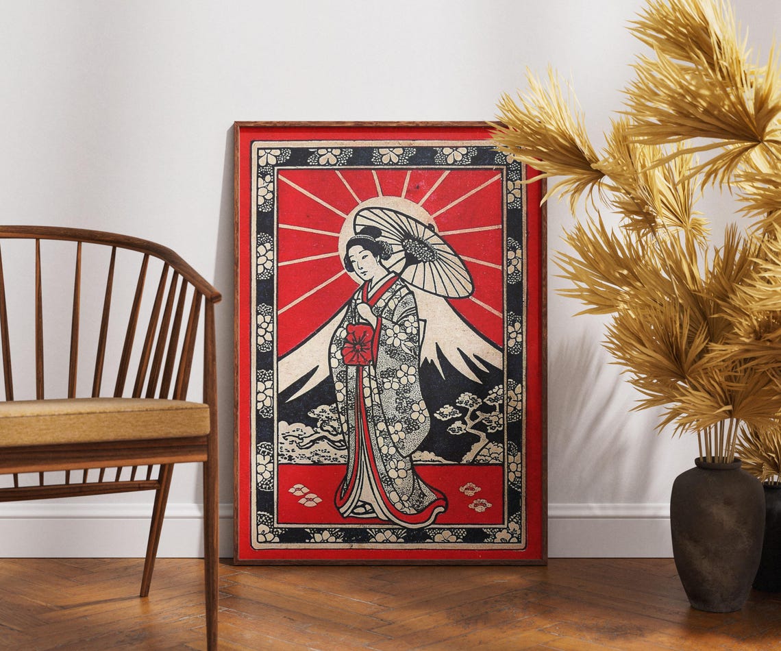 Geisha Kimono Parasol Matchbox Poster Japanese Rising Sun Retro Art