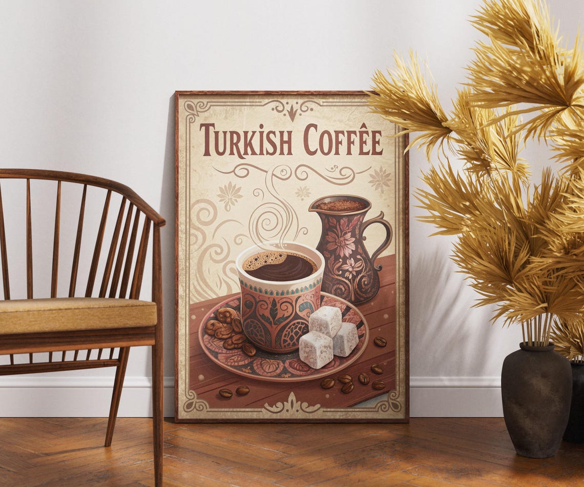 Vintage Turkish Coffee Poster Ornamental Cup Retro Cafe Kitchen Art