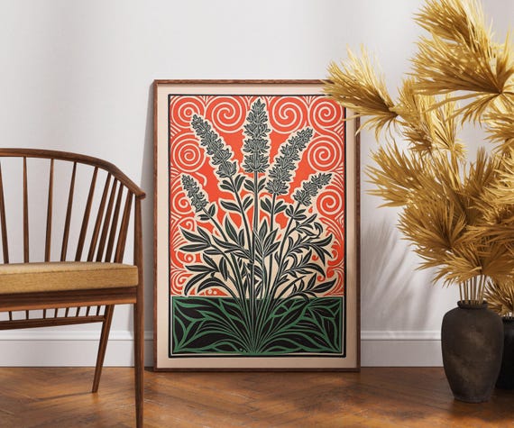 Vintage Lavender Poster Linocut Bloom Ornament Art Retro Floral Wall Decor Boho Botanical Illustration Elegant Nature Print