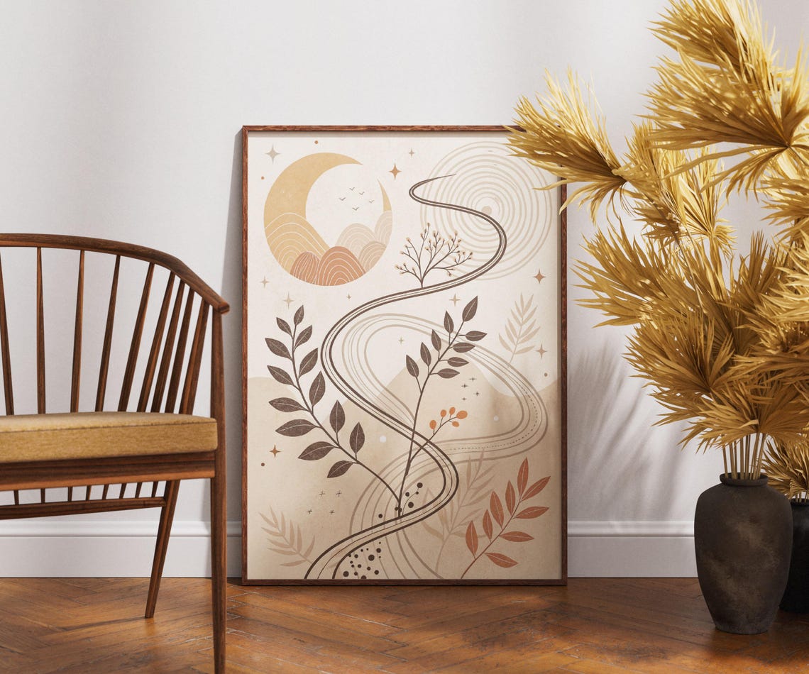 Boho Moon And Nature Path Art With Stars Leaves Neutral Tones Poster