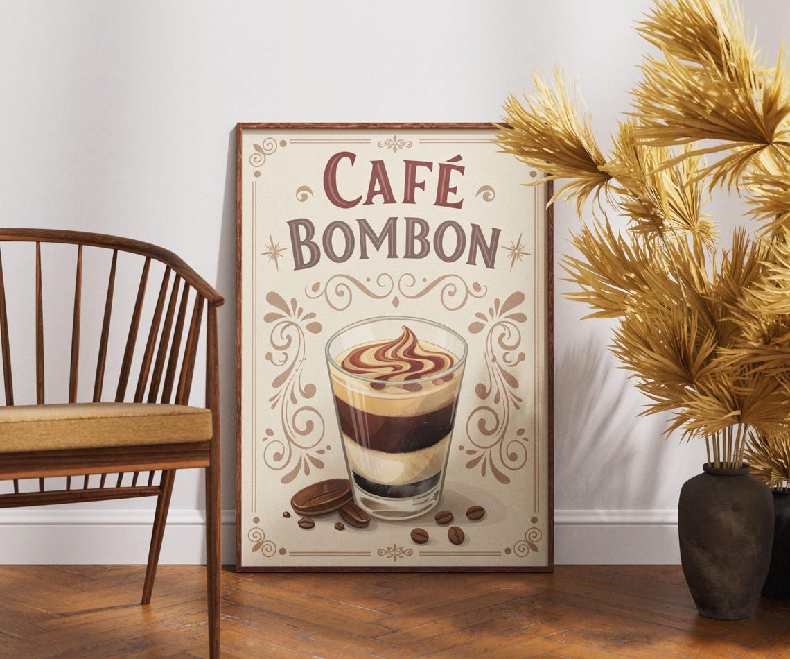 Vintage Cafe Bombon Poster Layered Spanish Coffee Retro Kitchen Art