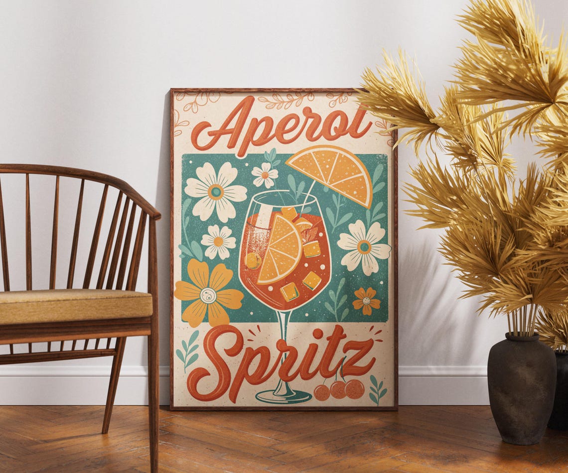 Aperol Spritz Retro Italian Cocktail Floral Bar Decor Poster