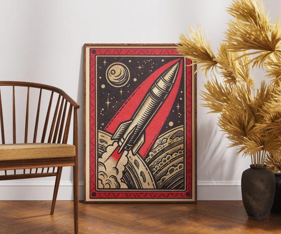Vintage Space Rocket Poster Retro Scifi Matchbox Art Midcentury Age Print Futuristic Exploration Illustration Atomic Era Decor
