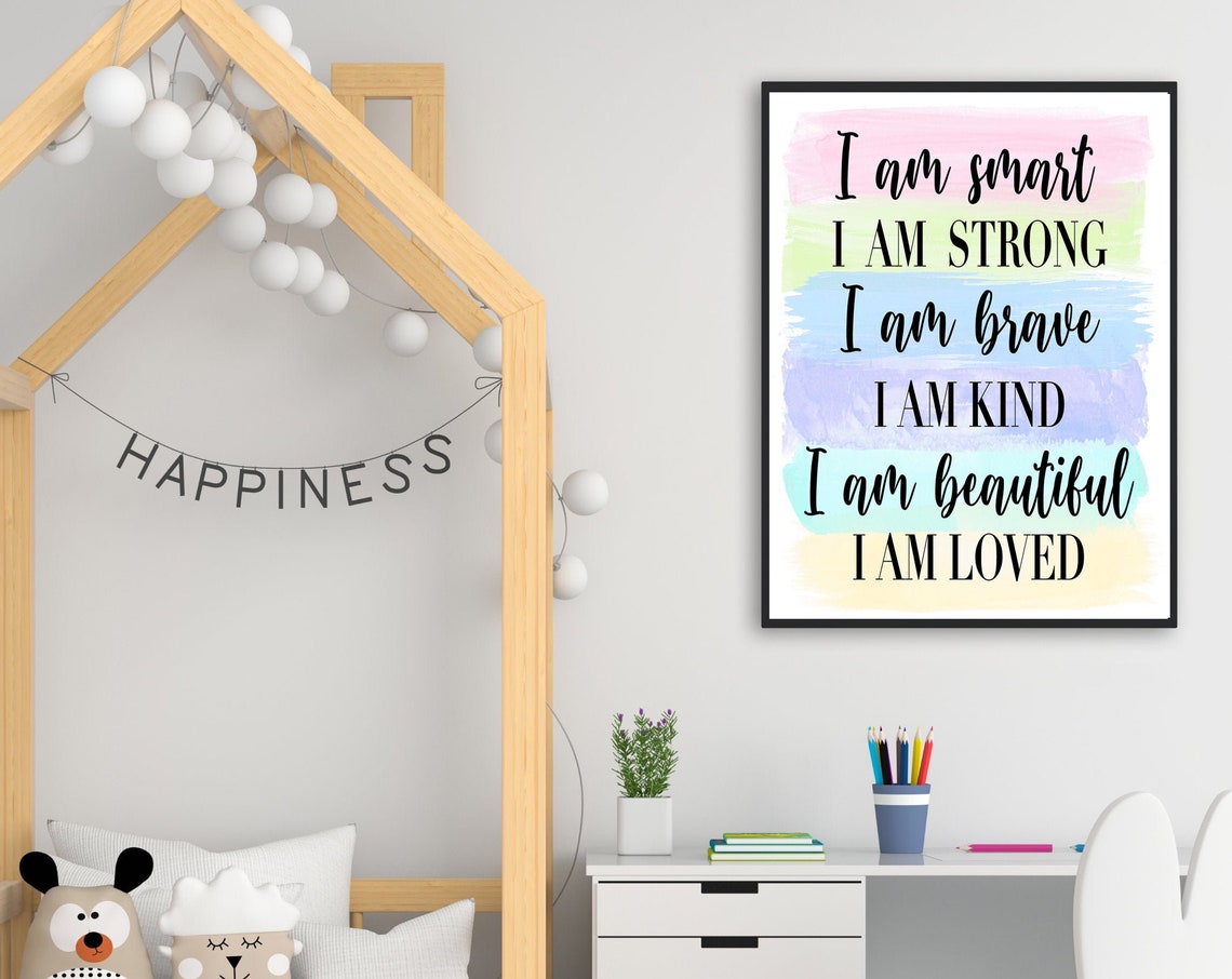 I Am Smart Strong Brave Loved Affirmation Poster for Girls Room