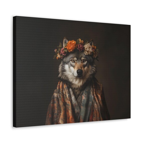 Fashionable Wolf Portrait Wearing Autumn Flower Crown Luxe Animal Art Poster