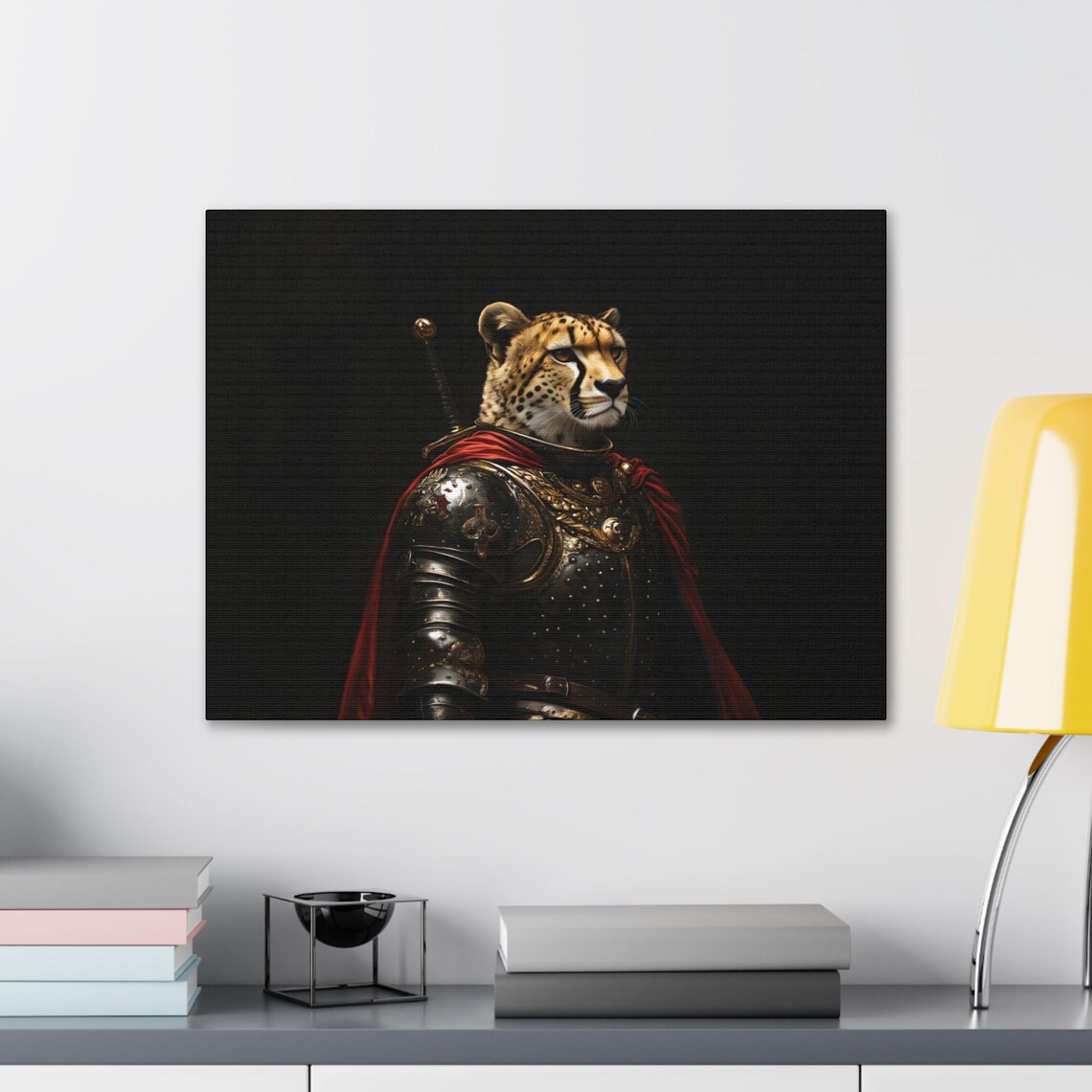 Cheetah Knight In Ornate Black Armor And Red Cape Medieval Portrait Poster - Image 2