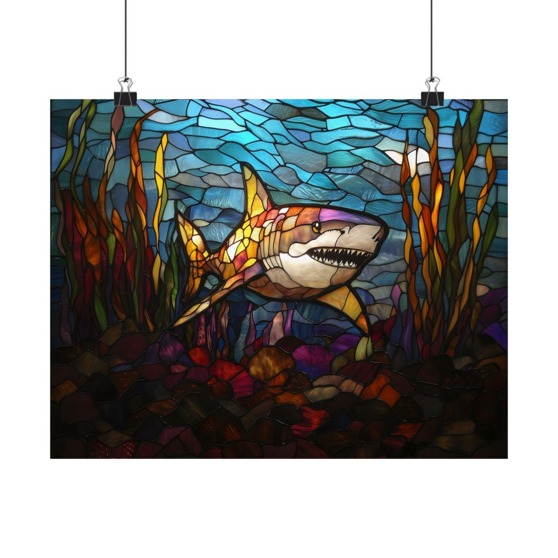 Stained Glass Shark Ocean Kelp Blue Water Coastal Sea Life Art Poster