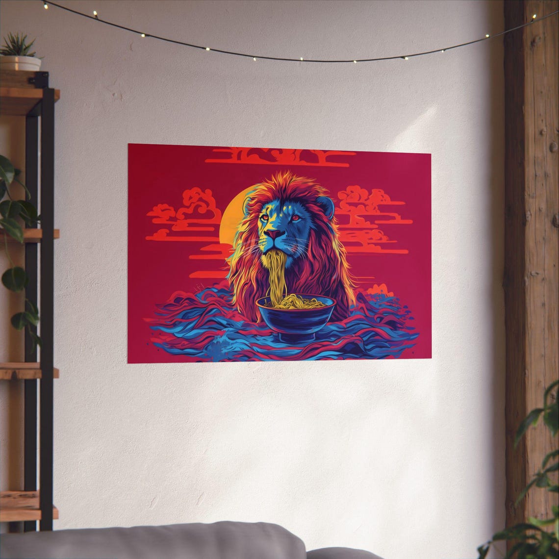 Pop Art Lion Slurping Ramen Bowl in Bright Bold Colors Poster - Image 2