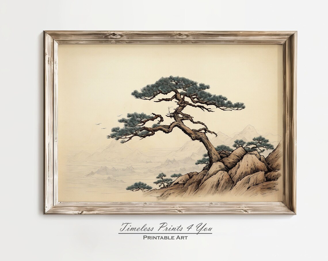 Pine Tree Mountain Landscape, Japandi Art Print