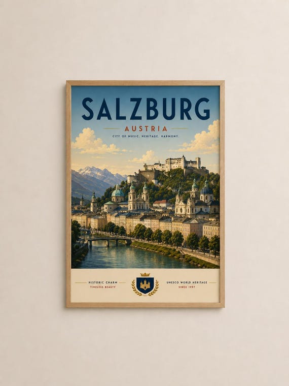 Salzburg Austria Travel Poster Historic Cityscape Print Unesco Heritage Art