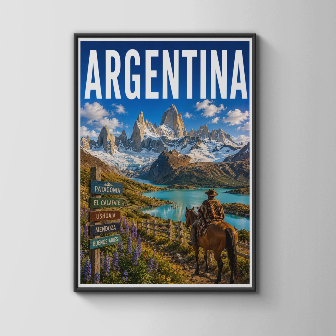 Argentina Patagonia Gaucho Horse Fitz Roy Peaks Travel Poster