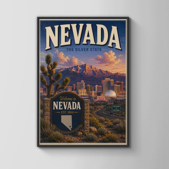 Nevada Travel Poster Reno Skyline Wall Art Silver State Retro Print Desert Southwest Decor