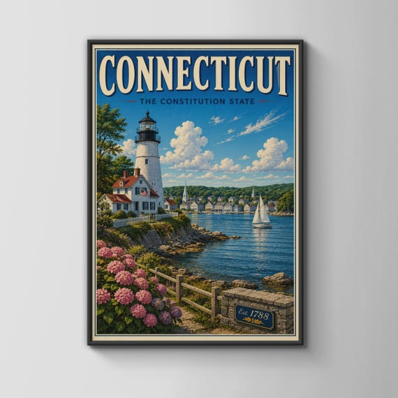 Connecticut Vintage Travel Poster Lighthouse Coastal Wall Art New England Print