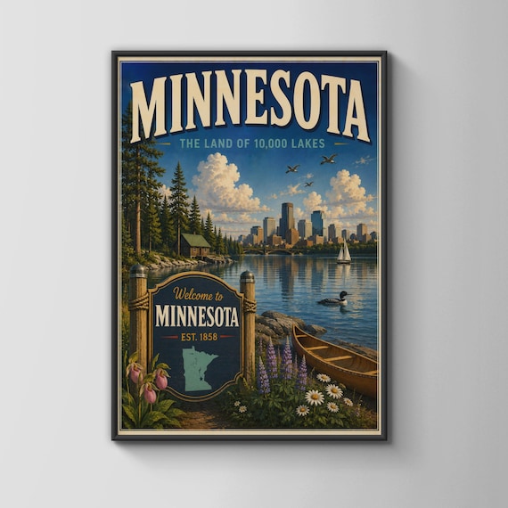 Minnesota The Land of 10000 Lakes Vintage Travel Canoe Loon Lake Poster