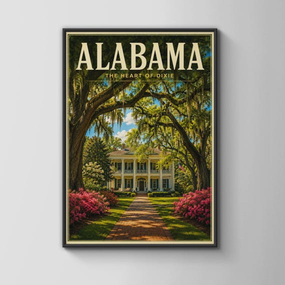 Alabama Travel Poster Heart Of Dixie Southern Mansion Wall Art Vintage Style Usa Print