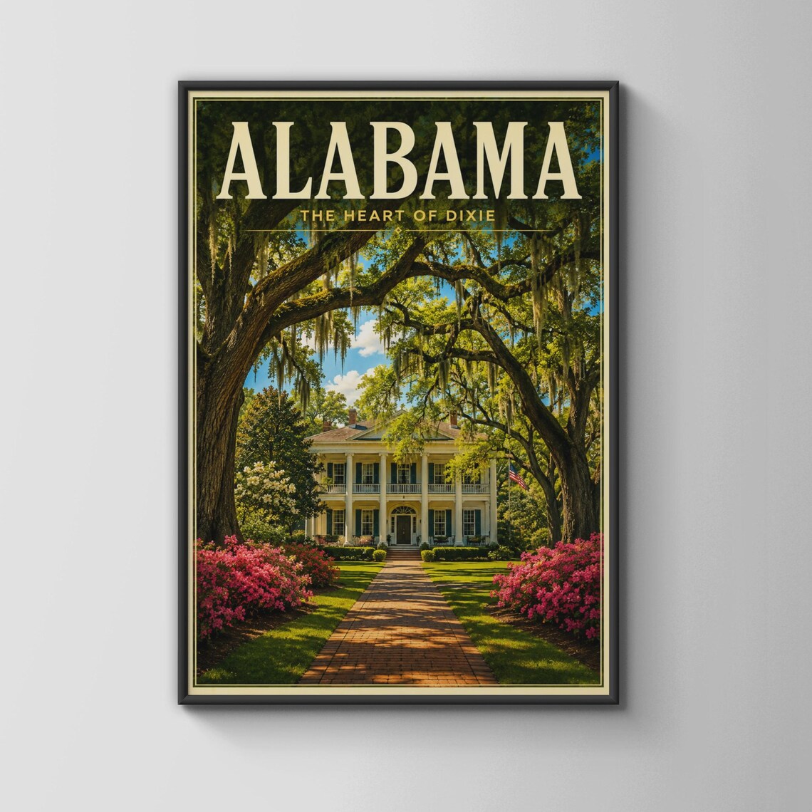 Alabama Travel Poster Heart of Dixie Southern Mansion Retro Style