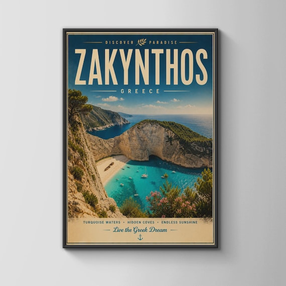 Zakynthos Greece Turquoise Cove Beach Scene Vintage Travel Poster