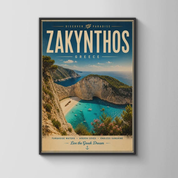 Zakynthos Greece Vintage Travel Poster Turquoise Waters Hidden Coves Art Wall Decor