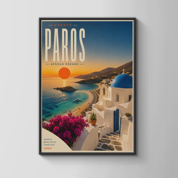 Paros Greece Vintage Travel Poster Aegean Dreams Sunset Beach and Church Domes