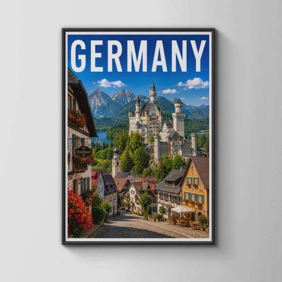 Germany Travel Poster Neuschwanstein Castle Print Bavarian Village Wall Art
