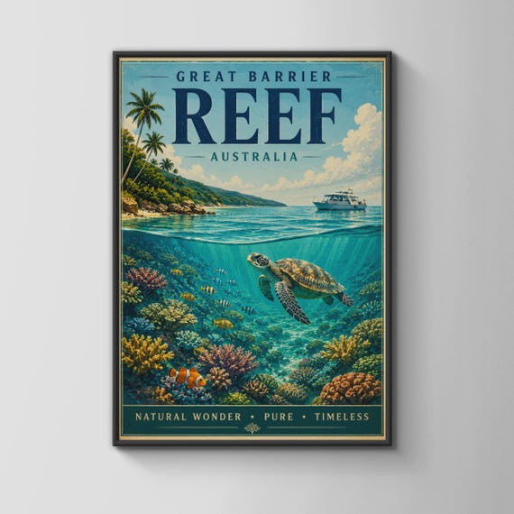 Great Barrier Reef Wall Art Retro Australian Ocean Print Sea Turtle Decor Coral Poster