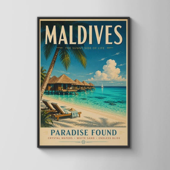 Maldives Vintage Travel Poster Tropical Beach Wall Art Retro Ocean Print