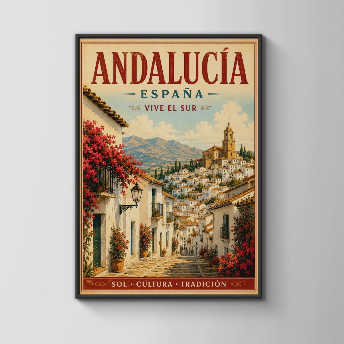 Andalucia Espana Poster White Village Street Bougainvillea Vive El Sur Art