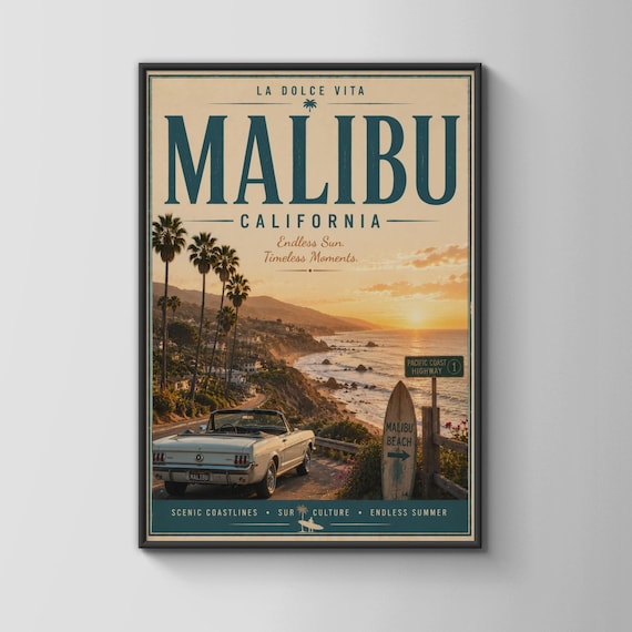 Malibu California Surf Coastline Sunset Vintage Travel Poster