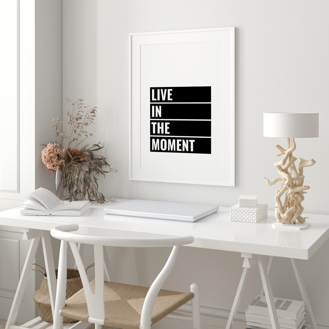 Live In The Moment Mindfulness Quote Black White Block Poster - Image 3