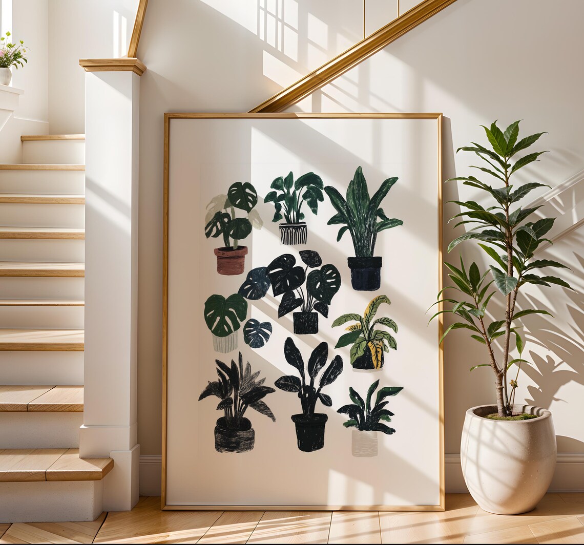 Minimalist Botanical Potted Houseplants Green Illustration Poster