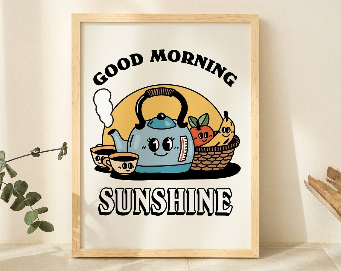 Good Morning Sunshine Smiling Kettle Retro Coffee Tea Kitchen Poster