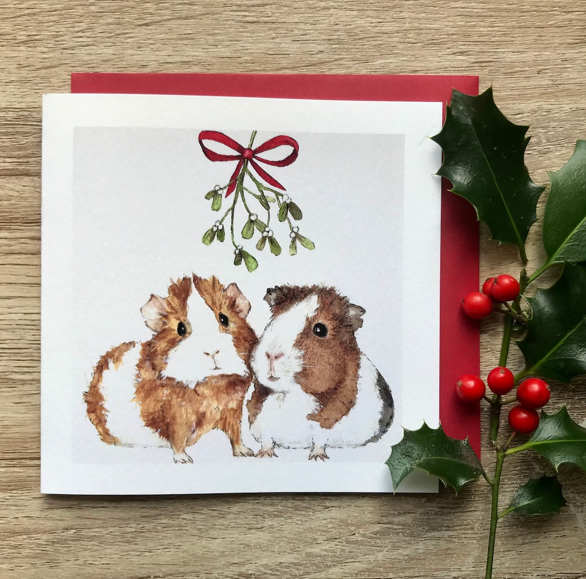 Guinea Pig Mistletoe Christmas Card, Holiday Pet Print