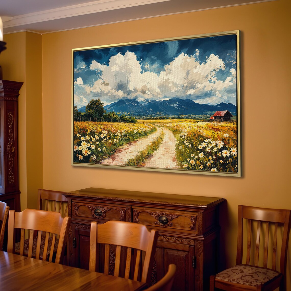 Vibrant Country Road Flower Meadow Mountain Landscape Art Poster - Image 2