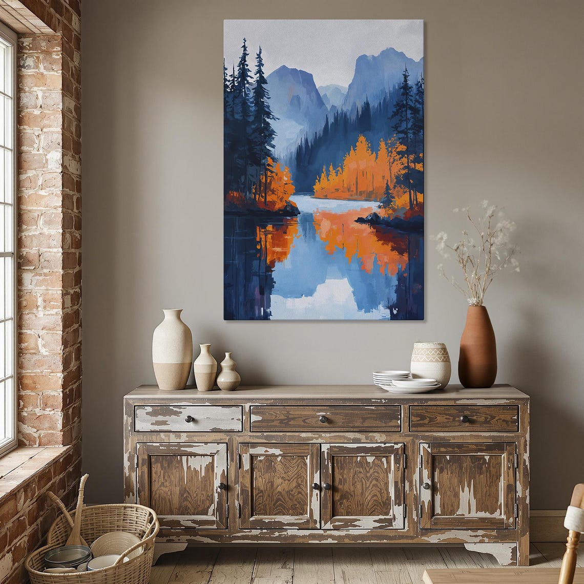 Vibrant Autumn Forest Lake Reflection Blue Orange Painting Poster