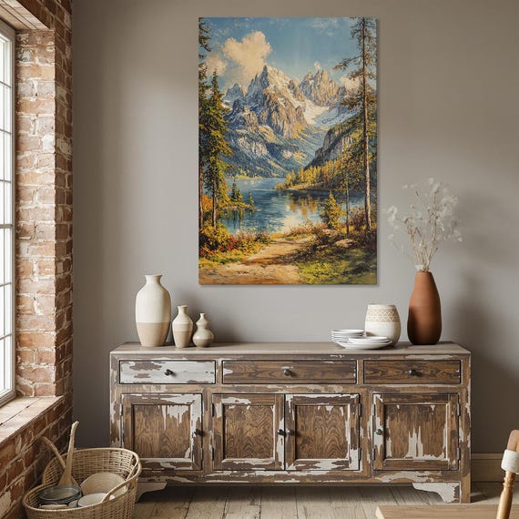 Rustic Mountain Framed Canvas Print Serene Nature Art Lake Scenery Painting Scenic Country Decor Ready To Hang