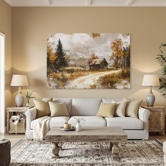 Rustic Log Cabin Autumn Pines Snowy Mountain Watercolor Poster