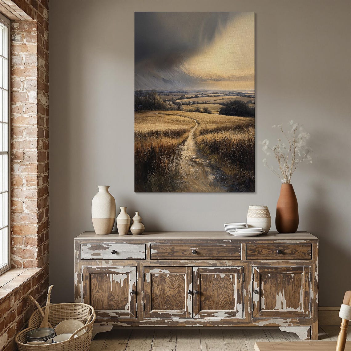 Moody Wheat Field Dirt Path Stormy Sky Rural Countryside Poster