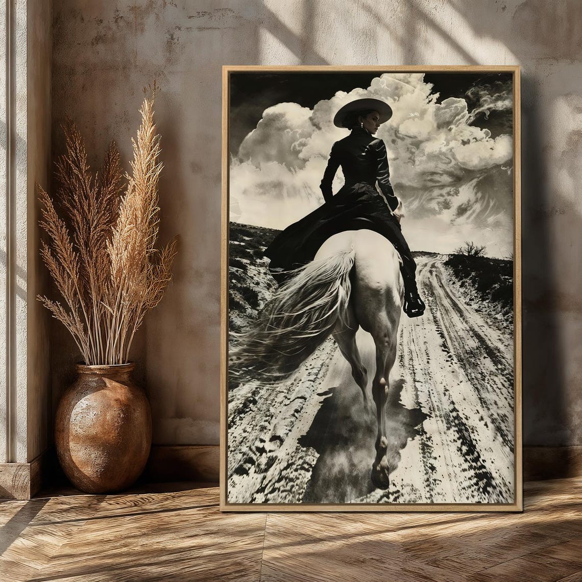Black and White Cowgirl Riding Horse Down Dusty Trail Poster - Image 2
