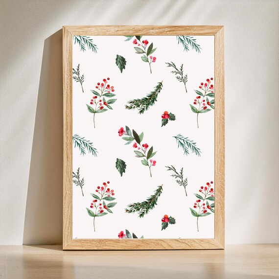 Christmas Berry Holly Watercolor Botanical Holiday Wall Print