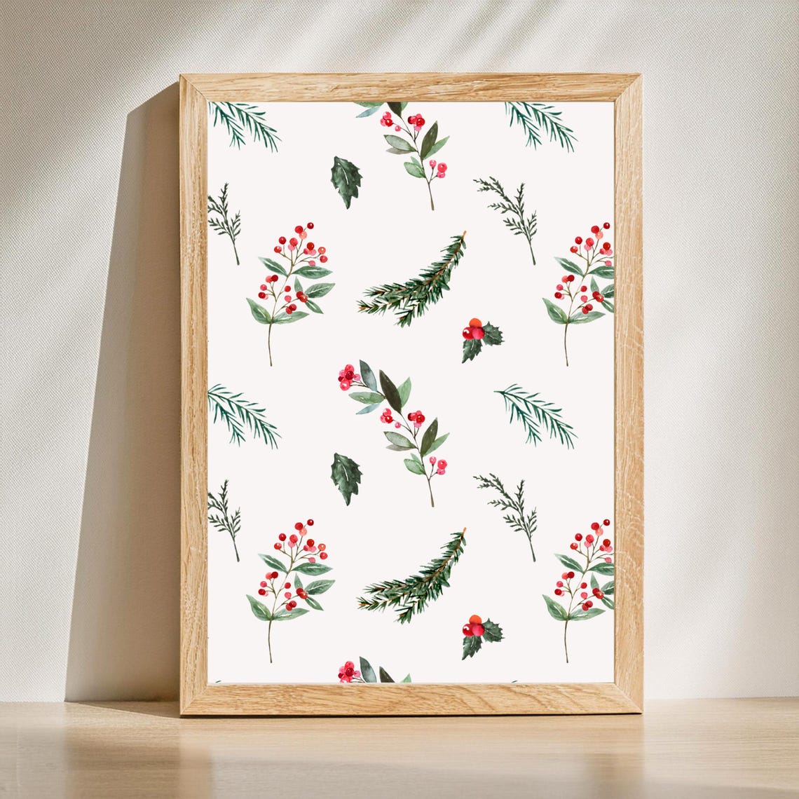 Christmas Berry Holly Watercolor Botanical Holiday Wall Print