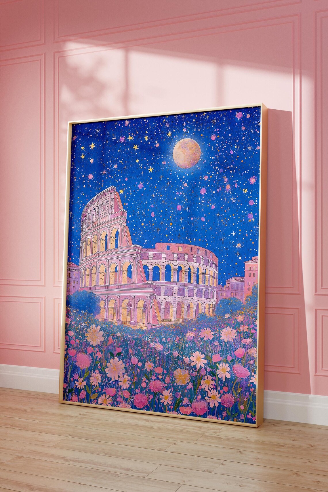 Rome Colosseum Starry Night Poster With Full Moon and Flowers