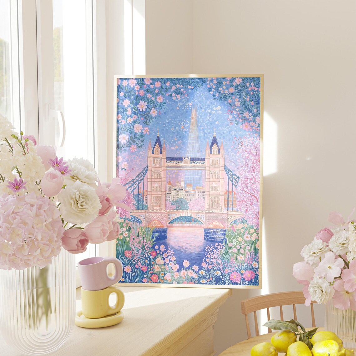 London Floral Pastel Poster of Tower Bridge in Blossom Season