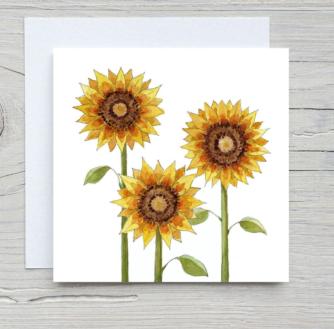 Three Tall Yellow Sunflowers Watercolour Botanical Art Print