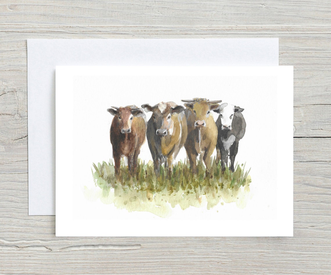 Four Cows Herd Watercolour Farm Animal Illustration Art Print