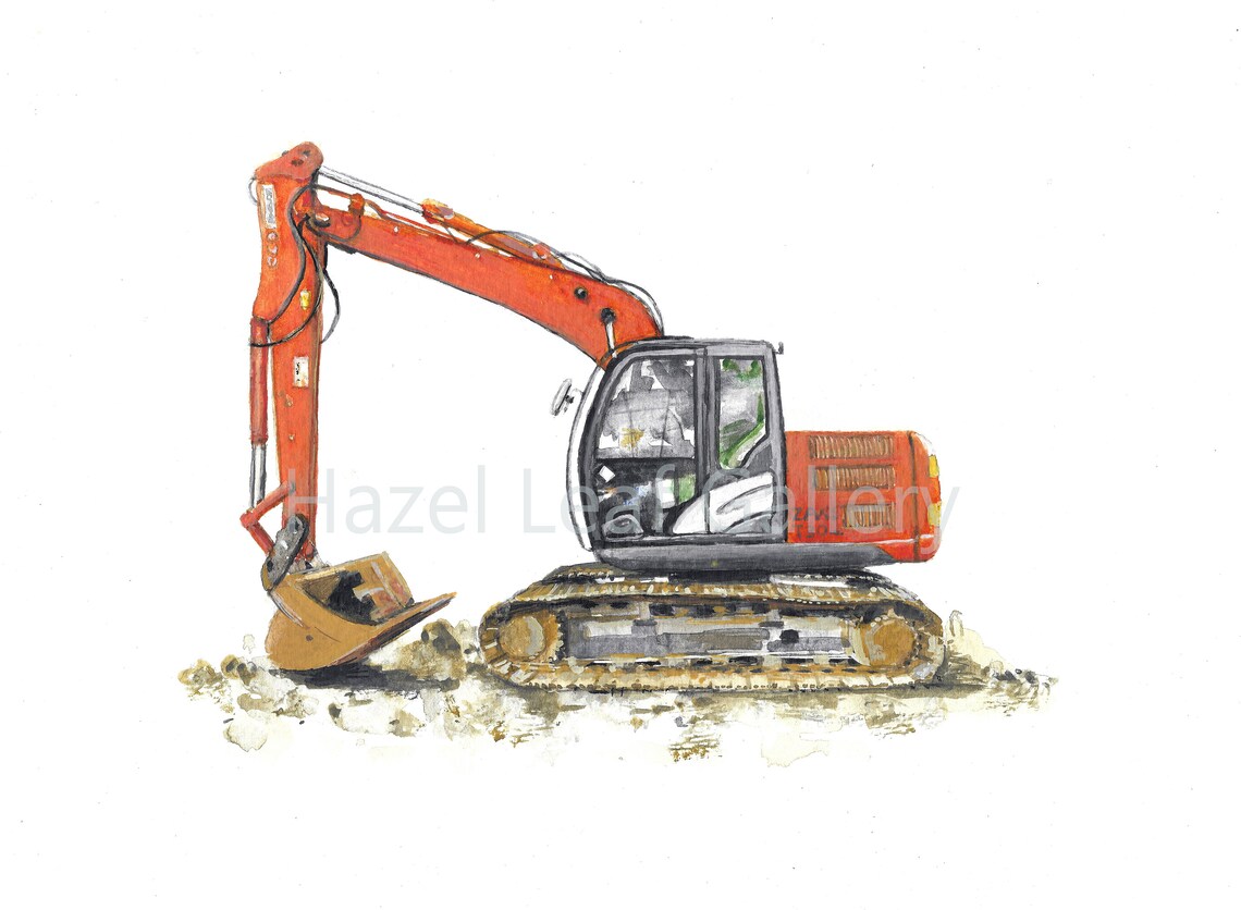 Orange Digger Art Print, Kids Excavator Painting