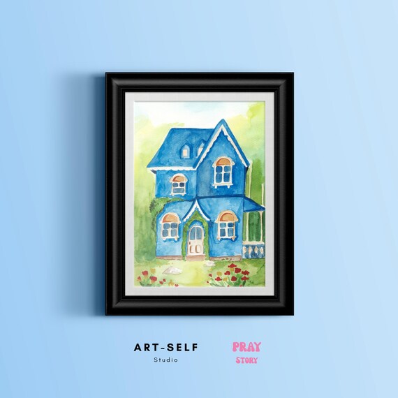 Blue Cottage - Whimsical Watercolor House Print
