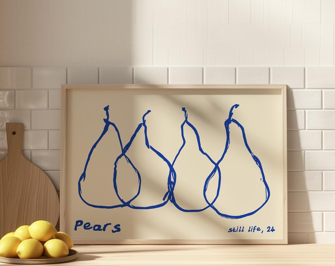Trendy Pears Still Life Blue Line Drawing Kitchen Fruit Art Print