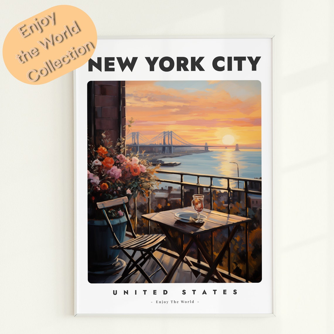 New York City Sunset Terrace Riverside View Vintage Travel Poster